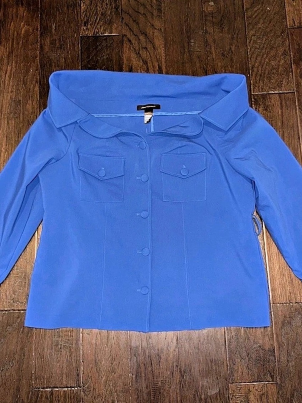Ashley Stewart Blue Solid Collared Off Shoulder Button-Up 3/4 Sleeve Sz 22